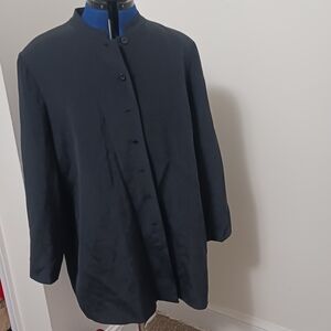 Silk Top 2x Long Line Button Down Black Roomy Mandarin Collar Blazer